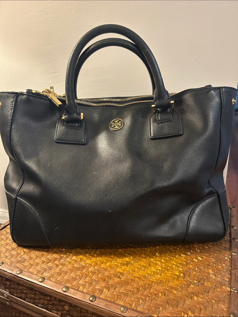 Tory Burch Black Leather Tote with Gold Hardware